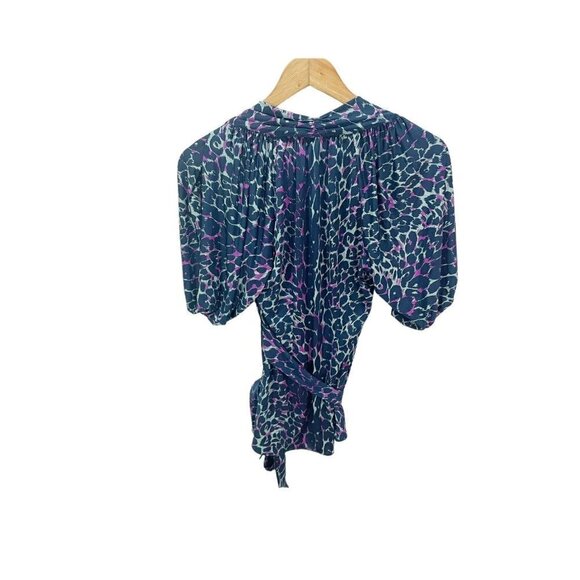 BCBGMAXAZRIA Blu Grey Purple Animal Print Short Sleeve Blouse Top XS Cold Should - Picture 8 of 9